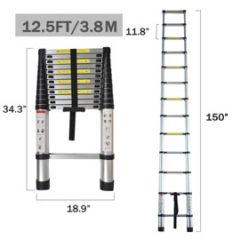 TINVHY Telescopic Ladder 3.8M/12.5FT Aluminum Collapsible Retractable Ladder, Portable Extension Ladder for Household Or Outdoor Work, 330lbs Capacity