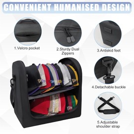 BRATEAYA Large Hat Bag for Baseball Caps, Portable Hat Organizer Carrier for Travel, Hat Storage Box Holder for 24 Snapback Caps, Baseball Cap Traveling Case for Men, Black, and Gift Hat Hooks
