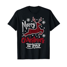 Merry Christmas in July Plaid Red Reindeer & Snowflake T-Shirt