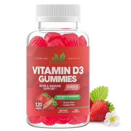 Vitamin D3 5000IU / 10,000IU Gummies for Adults & Kids (120 Count) - Maximum Strength Support for Immune System, Bones & Teeth - Gluten-Free, Non-GMO, Great Tasting Strawberry Flavor - 4 Month Supply