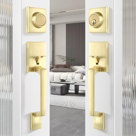 Leydebong Double Door Handle Set with Lock, Heavy Duty Lever and Single Cylinder Deadbolt Combo for Side by Side Entrance Exterior Doors
