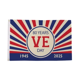 VE Day 2025 Woven Polyester Flag with Eyelets, 3 Sizes Available: 3ft x 2ft, 5ft x 3ft, 8ft x 5ft (5 ft x 3 ft (150 cm x 90 cm))