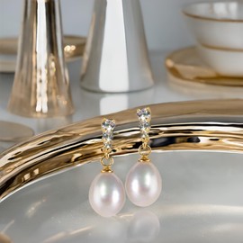 Finatso Sterling Silver Drop Cultured Pearl Earrings (White)