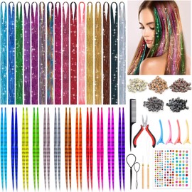 ROADPLUM Hair Tinsel Kit with Tools, 16 Colors 3200 Strands Tinsel Hair & 12 Colors Hair Feathers, Heat Resistant Shiny Fairy Hair Tinsel Extensions for Women Girls Hair Accessories for Cosplay Party