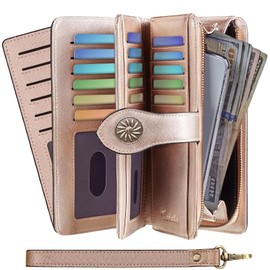 Travelambo Womens Wallet Large Capacity RFID Blocking Genuine Leather Wristlet Wallets(Rose Gold)