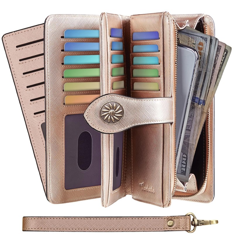 Travelambo Womens Wallet Large Capacity RFID Blocking Genuine Leather Wristlet