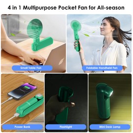 Ventilador de mano portátil 4 en 1, ventilador de bolsillo plegable personal con banco de energía, ventilador de mano recargable por USB con linterna, ventilador de mesa pequeño, mini lámpara de
