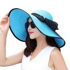 Women's Folable Floppy Hat,Wide Brim Sun Protection Straw Hat, Summer UV Protection Beach Cap(Blue)