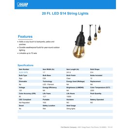 Feit Electric LED String Lights, 20ft Commercial Grade and Shatter Resistant String Lights with 10 Outdoor Sockets, Linkable, 15,000-Hour Lifetime, Wet Rated, SL20-10/FIL, 12 Bulbs Included