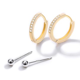 AoedeJ Sterling Silver Earrings Set, Huggie Hoop Earrings & Ball Bolts, Hypoallergenic Cartilage Cuff Earrings Set, Sleep Earrings for Women, Sterling Silver