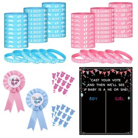 Reicyfang 97PCS Gender Reveal Decorations, 54PCS Gender Reveal Ideas, 2PCS Daddy and Mommy To Be Tinplate Badge Pin and 40PCS Gender Reveal Bracelets, Baby Gender Reveal Honeycomb Table Centerpieces
