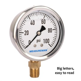Measureman Medidor de presión de fontanería relleno de glicerina, 0-100 psi, caja de acero inoxidable, montaje inferior NPT de 1/4 pulgadas