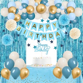 Blue Birthday Decorations, Dusty Blue White Sand Gold Balloons Fringe Curtain Happy Birthday Banner Tablecloth Paper Pom Poms for Kids Men Women Boys Girls Birthday Light Blue Party Decorations