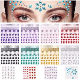 URAQT Face Gems Glitter, 12 Sheets Face Gems Jewels Glitter Mermaid Stickers Set, Self-adhesive Crystal Rainbow Tears Gem Stones Stickers Eyes Face Body Temporary Tattoos for Party Decorations