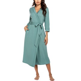 Unibelle Women’s Thin Cotton 3/4 Sleeves Dressing Gown, Bathrobe, Nightwear, Kimono, Sauna Gown with Deep V-Neck Pyjamas, S-XXXL, A-light green, l