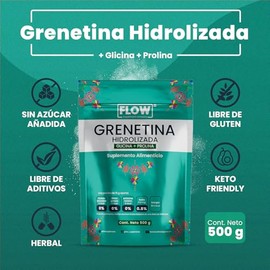 Flow Supplements | Grenetina Hidrolizada 500g - Grenetina Sin Sabor - Glicina + Prolina - Colágeno Hidrolizado con Vitamina C y D - Sin Azúcar y Sin G