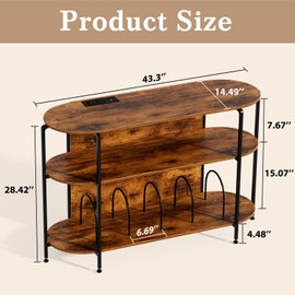 Vinyl Record Player Stand with Power Outlets, 43.3" Mid Century Turntable Stand Console Table, 3-Tier Arc Record Table Holder Shelf with Vinyl Storage for Living Room, Rustic Brown