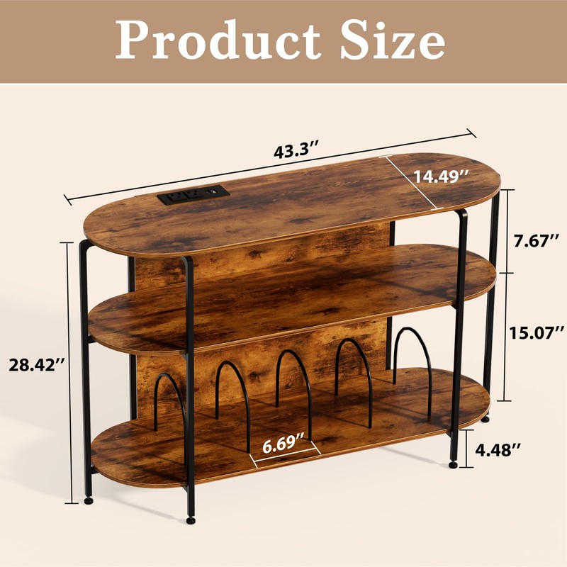 Vinyl Record Player Stand with Power Outlets, 43.3" Mid Century