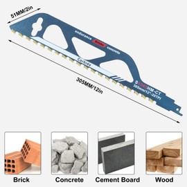 Saw Blade, Reciprocating Saw Blade Stone, Carbide Steel Metal Wood Stone Saw Blade for Reciprocating Saws for Aerated Concrete, Brick, Concrete, Cement Panels and Concrete, Length 305 mm (S1243HM)