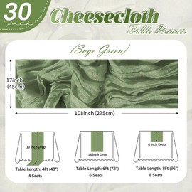 30 Pack Sage Green Cheesecloth Table Runner 17 x 108 inch Cheese Cloth Table Runners 9ft Green Table Runner Rustic Romantic Sheer Gauze Runner for Wedding Party Baby Shower Table Decoration