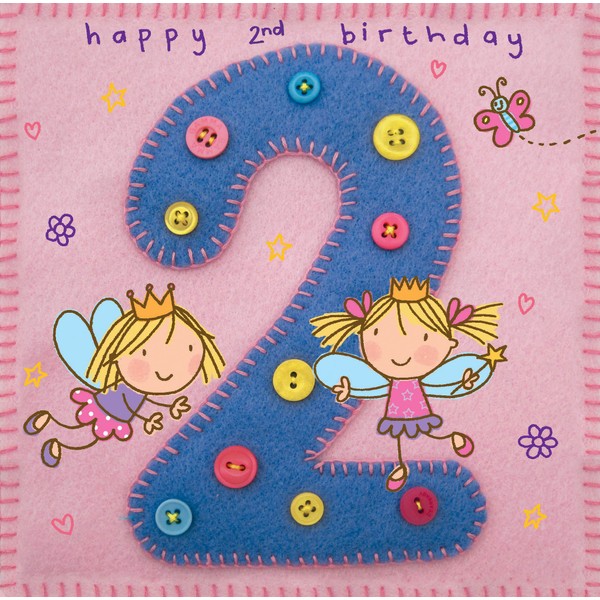 TWIZLER 2nd Birthday Card Girl with Fairies, Multicolor, 6.1 x 6.1 in