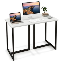 Tangkula 48 Inch Modern White Computer Desk, Writing Study Desk with Metal Frame & 2 Cable Management Holes, Home Office Desk Computer Workstation Dining Room Table, Black & White