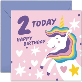 Old English Co. Happy 2nd Birthday Card for Girl - Pink Bold Unicorn Design Second Birthday Card - Age Two Card - For Daughter, Granddaughter, Niece, Sister, Goddaughter | Blank Inside Envelope