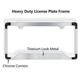 Hanwell Products 1pcs Titanium Look License Plate Frame with 2 Holes, Heavy Duty Metal Zinc Alloy, Mirror Corners License Plate Holder, with Mounting Hardware Kit, Screws Chrome Caps (Sliver) (Black)