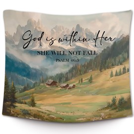 XLDLIOO Christian Wall Tapestry, God Is Within Her She Will Not Fall Bible Verse Wall Tapestry Hanging for Bedroom, Rustic Mountain Forest Tapestries Decor Art for Home Living Room Church, 50x60in
