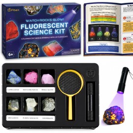 PIBEX Fluorescent Rock Science Kit with UV Flashlight - 6 Natural UV Glowing Rocks & Minerals Collection (~1.5" Each), Educational Geology Toy, Light-Up STEM Gifts for Kids Ages 6-12