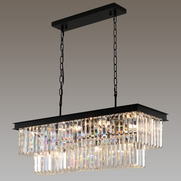 Weesalife Crystal Chandeliers for Dining Room 11-Light Black Modern Chandelier Rectangle Contemporary Pendant Light Fixture for Kitchen Island Bar