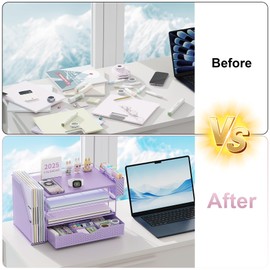 Wood Desk Organizers and Accessories with File Holder, 4-Tier Desk Accessories & Workspace Organizers with Drawer and Pen Holder, Paper Organizer for Office Supplies (Purple)