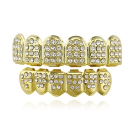 OOCC 18k Gold Plated Iced Out Grills with Diamond Hip Hop Teeth Grillz Caps Top and Bottom Set for Your Teeth, brass