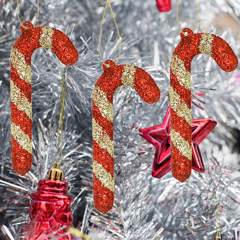 10PCS Christmas Glitter Candy Cane, Xmas Tree Plastic Candy Canes