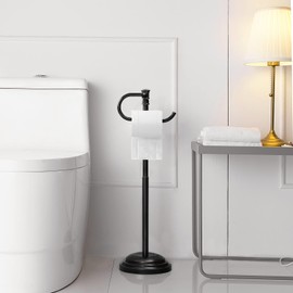 RUMOSE Toilet Paper Holder Stand for Floor, Oil Rubbed Bronze Adjustable (12.4" to 22.8") Bathroom Toilet Tissue Holder, Free Standing Toilet Paper Roll Holder with Storage, Stainless Steel
