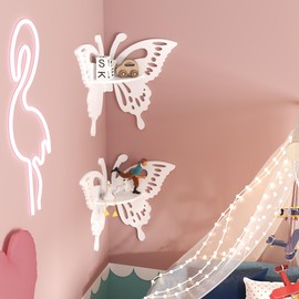 Beskadi 2-Tier Butterfly Corner Shelf - Nursery Wall Deor Floating Corner Shelf for Kid’s Room, Small Cute Decorative Shelf Wall Mounted, White Hanging Hollow Out Shelf for Toys, Plants and Storage