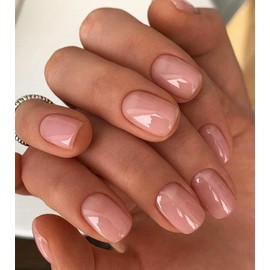 Morily Pink Press on Nails Short - Square Shaped Fake Nails for Women, Solid Color UV Finishing Squoval Glossy Stick on False Fingernails with Adhesive Tabs - 24Pcs in 12 Sizes