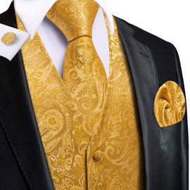 Hi-Tie Jacquard Mens Gold Paisley Silk Suit Vest and Tie Set Lapel Pin Gold Tie Clip Paisley Floral Casual Waistcoat Tuxedo Wedding Party Business