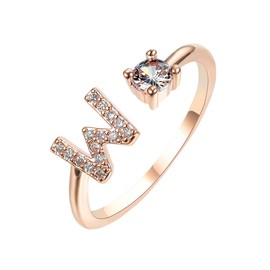 HIJONES Women's Initial Letter Open Ring with Cubic Zirconia Stackable Alphabet Adjustable Rings, Stainless Steel