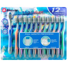 BioSwiss ErgoFlex Toothbrushes, Pack of 12 Manual Toothbrush Set with Rubber Grip Handles, Ergonomic Design for Plaque and Tartar Removal
