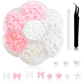 600Pcs Bow Nail Charms and Flatback Pearls,White Pink Bowknot 3D Cute Nail Charms Acrylic Flower for Nail Supplies Design,White Half Pearls for Nail Decoration DIY Crafts Y2K Nail Art Accessories