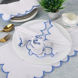 Scalloped Embroidery Cloth Napkins Premium Quality Table Decor Spring and Summer 100% Cotton Reusable Washable Napkin -18 x 18 inch (Sl-White Napkin with- Light Blue Edges, Pack of 4)