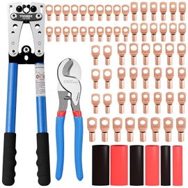 Battery Cable Lug Crimping Tool for AWG 10-1/0 Electrical Lug, with Cable Cutter 64pcs Ring Terminals and 70pcs Heat Shrink Tubing