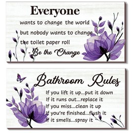 DONFENTHY 2 Pieces Purple Bathroom Decor Bathroom Rules Wall Art Purple Flower Bathroom Rules Sign Rustic Farmhouse Wooden Bathroom Rules Wall Sign for Bathroom Toilet Wall Decor (Purple 12x6 Inch)