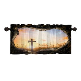Batmerry Stone Sunrise Christian Kitchen Valances Half Window Curtain, is Risen Christian Easter Kitchen Valances for Living Room Bedroom Valance for Decor Reducing The Light 52x18 Inch