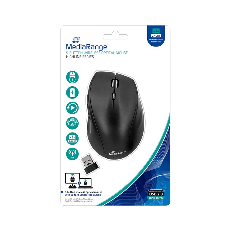 MediaRange optische 5-Tasten Funk-Maus, Highline Serie, schwarz
