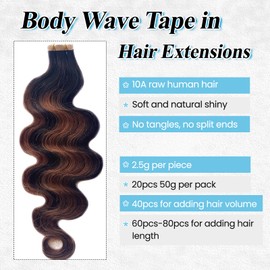 Seamless Invisible Tape in Hair Extensions Real Human Hair Body Wave Tape ins Human Hair Extensions Black Girls 18” Ombre Balayage Natural Black to Chocolate Brown Remy Human Hair Tape in Extensions