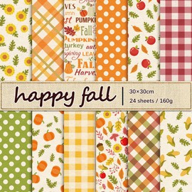Whaline 24Pcs Fall Pattern Paper Autumn Leaves Pumpkin Plaid Waves Scrapbook Paper Colorful Double Sided Decorative DIY Art Craft Paper For Card Making Scrapbook Photo Album Decor, 11.8 x 11.8 Inch