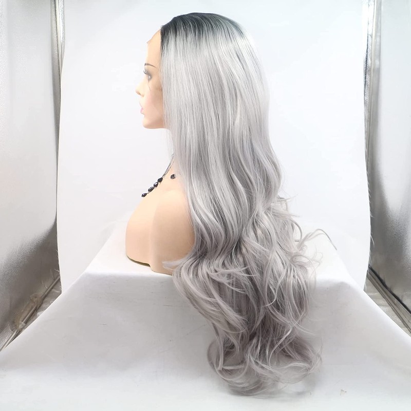 Ombre Grey Synthetic Lace Front Dark Roots Waves Silver Grey