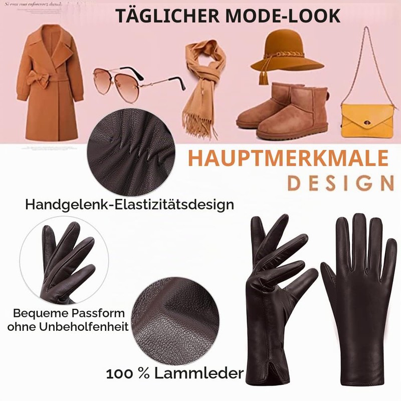 MGGMOKAY Women's Leather Gloves Touchscreen Cashmere Lined, Brown, L